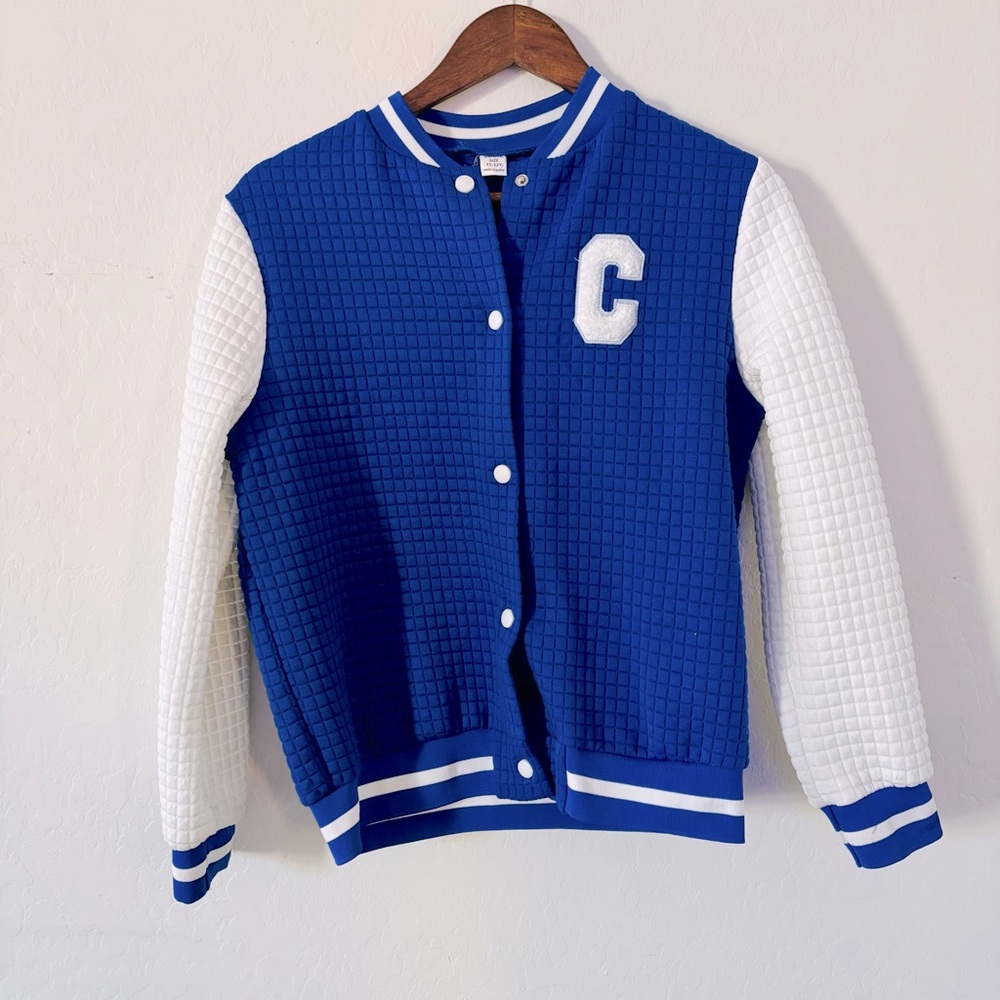 SHEIN Girls Blue White Quilted Jacket “C” on Front Size 11‎ / 12 Varsity Style